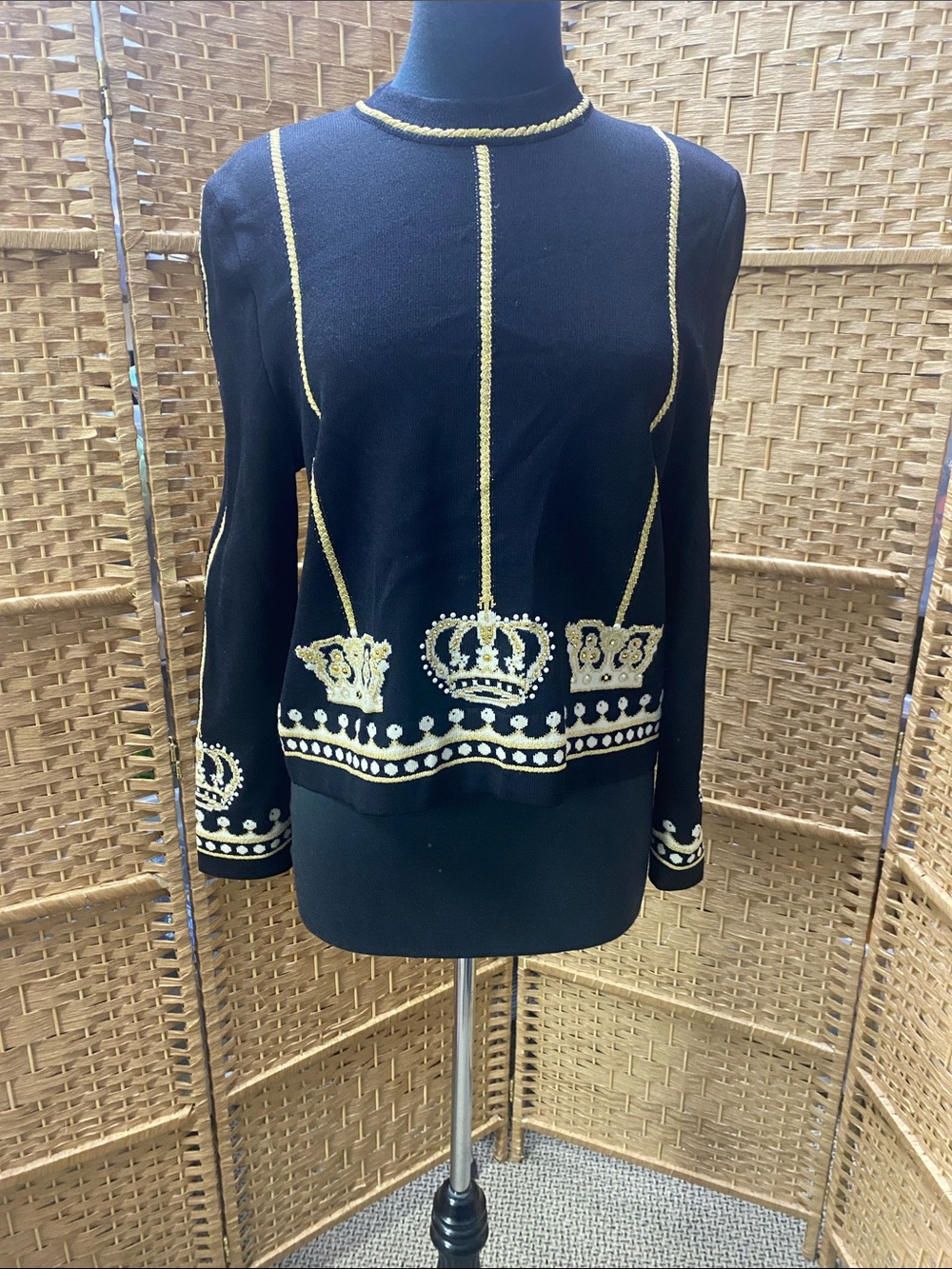 St. John Collection Black Sweater with Gold Crown Motif